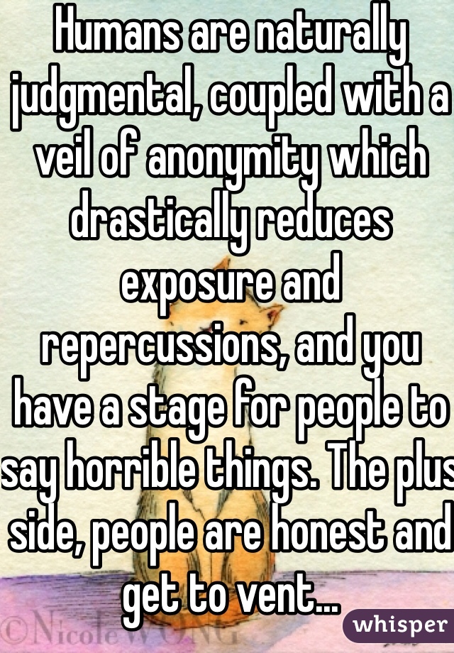 Humans are naturally judgmental, coupled with a veil of anonymity which drastically reduces exposure and repercussions, and you have a stage for people to say horrible things. The plus side, people are honest and get to vent...