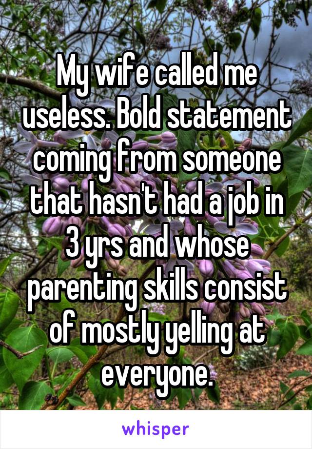 My wife called me useless. Bold statement coming from someone that hasn't had a job in 3 yrs and whose parenting skills consist of mostly yelling at everyone.