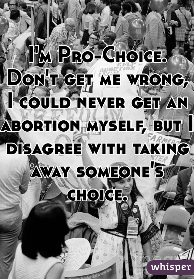 I'm Pro-Choice. Don't get me wrong, I could never get an abortion myself, but I disagree with taking away someone's choice. 