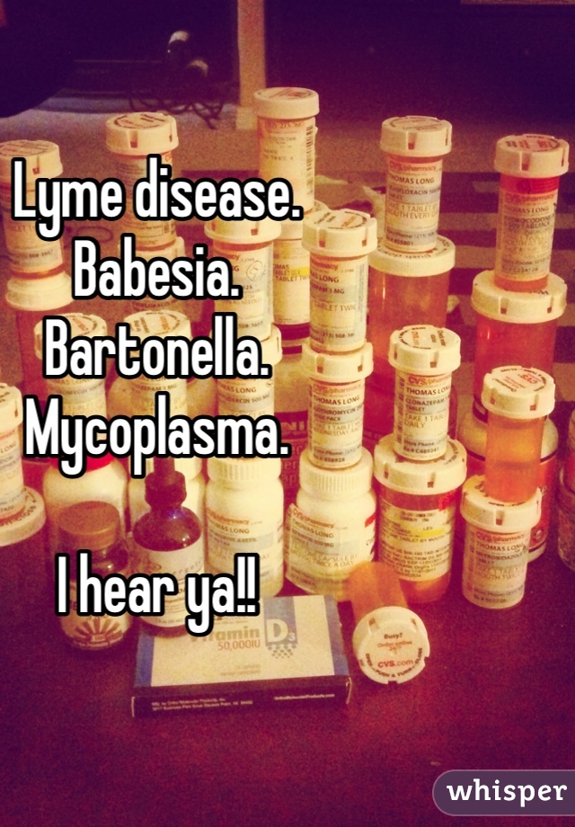 Lyme disease.
Babesia.
Bartonella.
Mycoplasma.

I hear ya!!