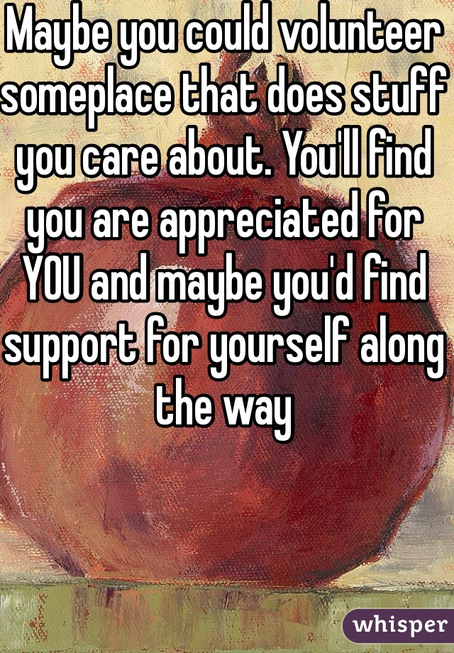 Maybe you could volunteer someplace that does stuff you care about. You'll find you are appreciated for YOU and maybe you'd find support for yourself along the way