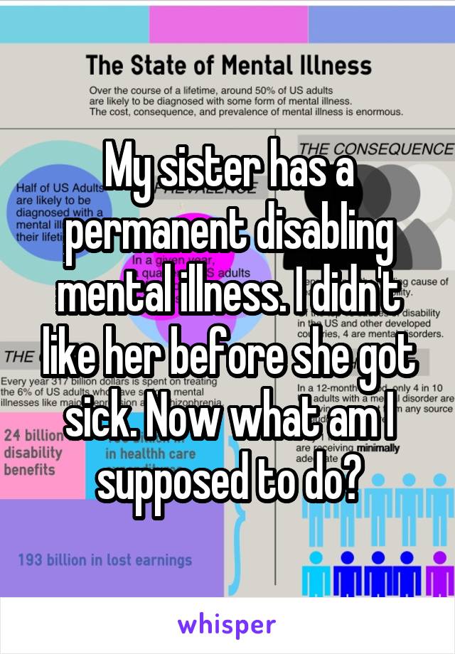 My sister has a permanent disabling mental illness. I didn't like her before she got sick. Now what am I supposed to do?