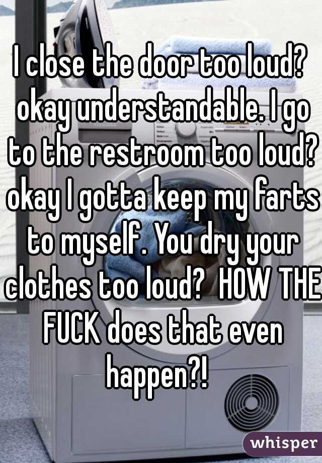 I close the door too loud? okay understandable. I go to the restroom too loud? okay I gotta keep my farts to myself. You dry your clothes too loud?  HOW THE FUCK does that even happen?!  