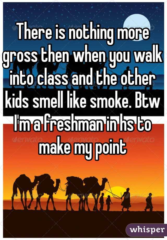 There is nothing more gross then when you walk into class and the other kids smell like smoke. Btw I'm a freshman in hs to make my point