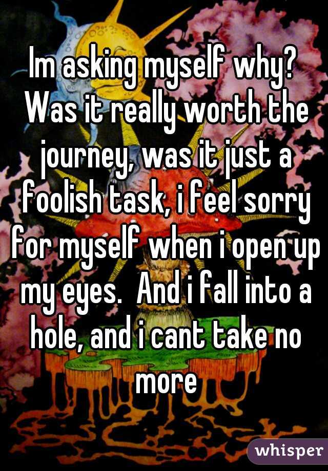 Im asking myself why? Was it really worth the journey, was it just a foolish task, i feel sorry for myself when i open up my eyes.  And i fall into a hole, and i cant take no more