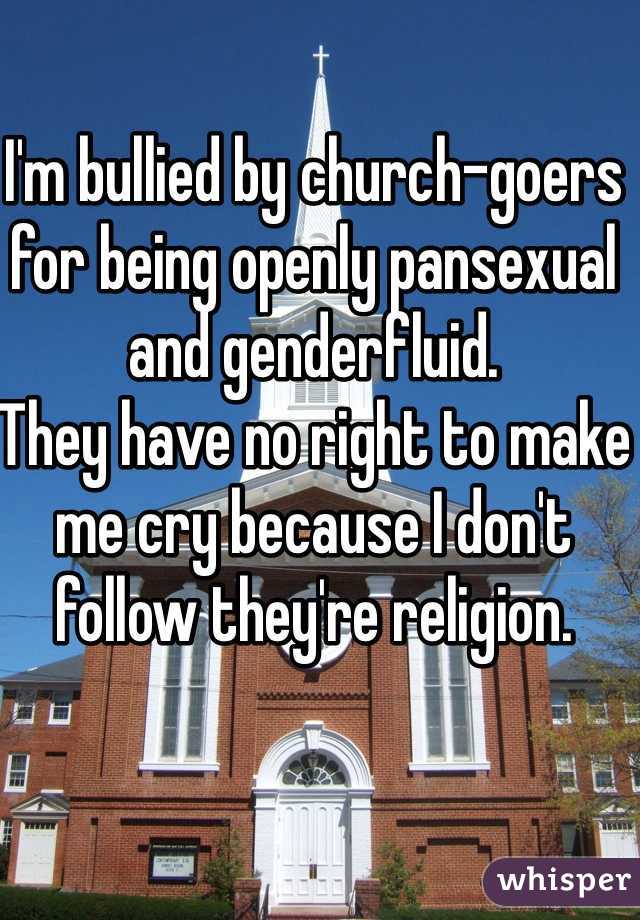 I'm bullied by church-goers for being openly pansexual and genderfluid.
They have no right to make me cry because I don't follow they're religion.