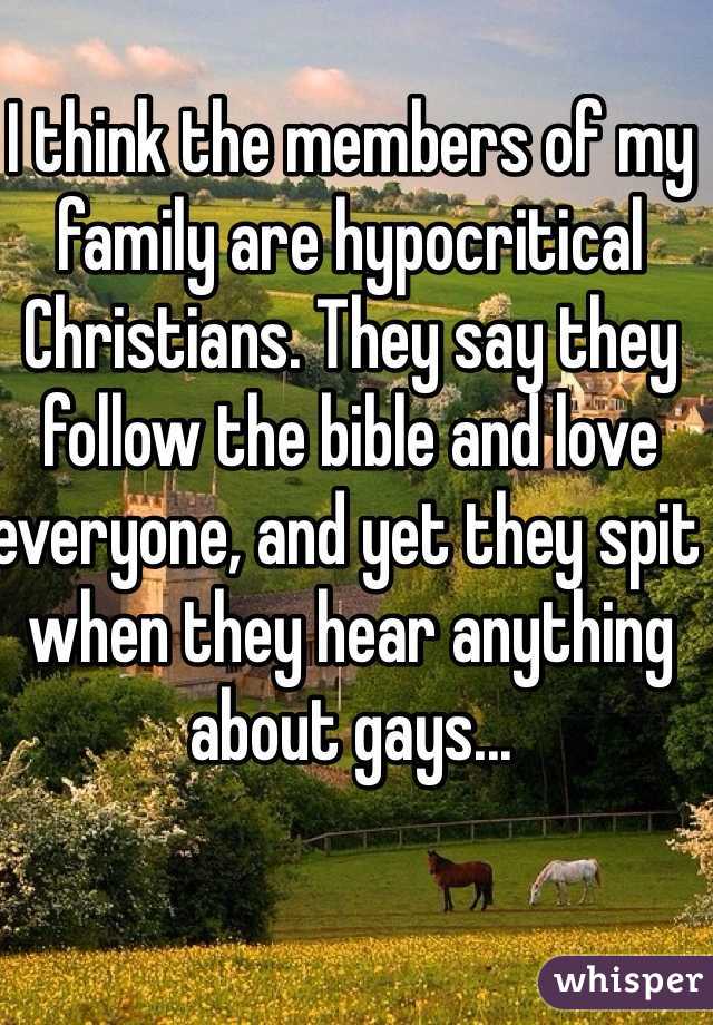 I think the members of my family are hypocritical Christians. They say they follow the bible and love everyone, and yet they spit when they hear anything about gays... 
