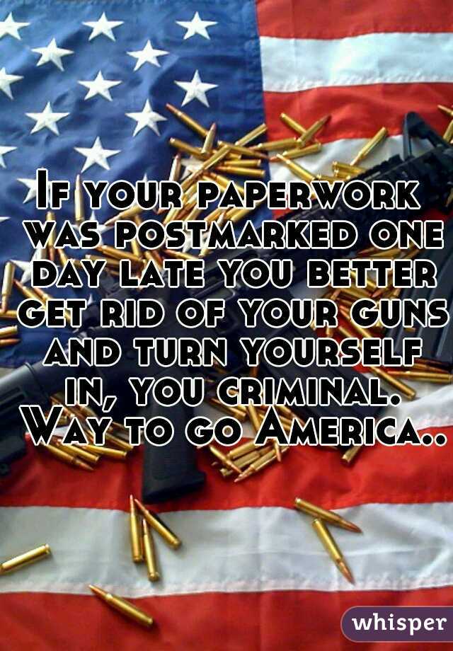 If your paperwork was postmarked one day late you better get rid of your guns and turn yourself in, you criminal. Way to go America...