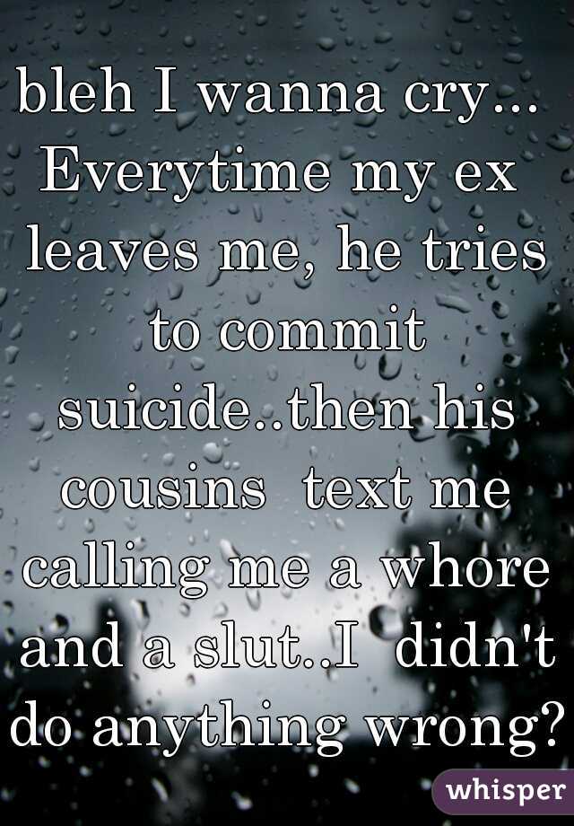 bleh I wanna cry...
Everytime my ex leaves me, he tries to commit suicide..then his cousins  text me calling me a whore and a slut..I  didn't do anything wrong?!