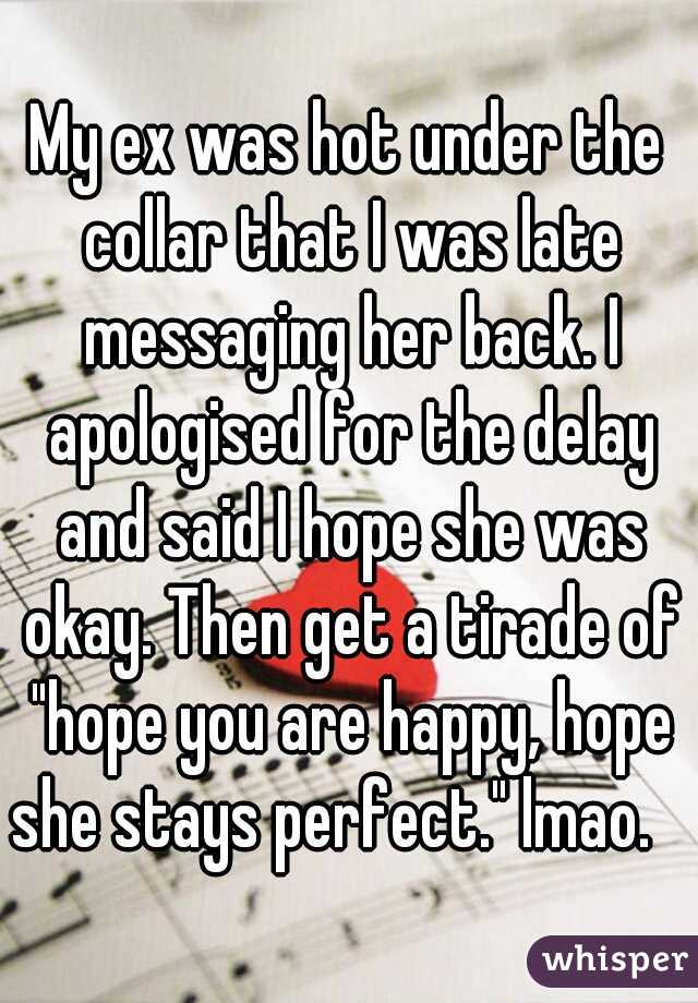 My ex was hot under the collar that I was late messaging her back. I apologised for the delay and said I hope she was okay. Then get a tirade of "hope you are happy, hope she stays perfect." lmao.   