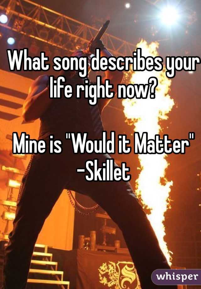 What song describes your life right now?

Mine is "Would it Matter"     -Skillet 