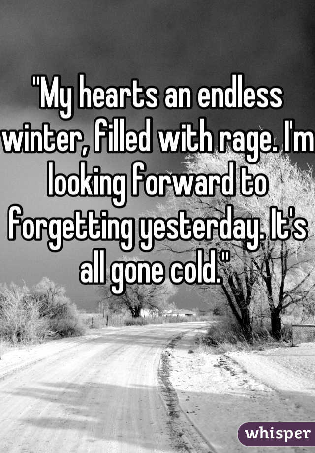 "My hearts an endless winter, filled with rage. I'm looking forward to forgetting yesterday. It's all gone cold." 