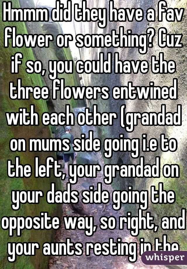 Hmmm did they have a fav flower or something? Cuz if so, you could have the three flowers entwined with each other (grandad on mums side going i.e to the left, your grandad on your dads side going the opposite way, so right, and your aunts resting in the middle or something?) 