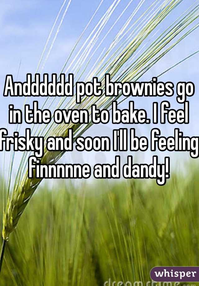 Andddddd pot brownies go in the oven to bake. I feel frisky and soon I'll be feeling finnnnne and dandy!