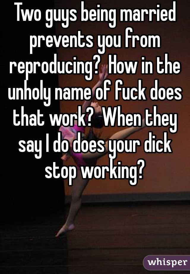 Two guys being married prevents you from reproducing?  How in the unholy name of fuck does that work?  When they say I do does your dick stop working?