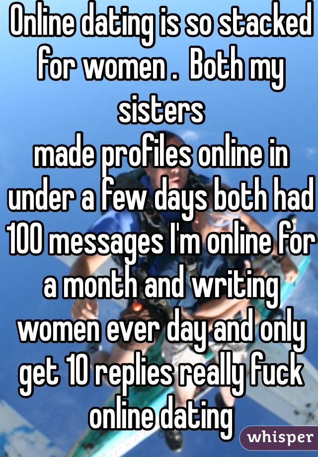 Online dating is so stacked for women .  Both my sisters
made profiles online in under a few days both had 100 messages I'm online for a month and writing women ever day and only get 10 replies really fuck online dating