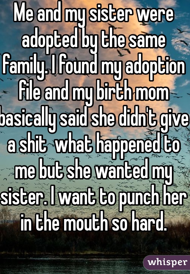 Me and my sister were adopted by the same family. I found my adoption file and my birth mom basically said she didn't give a shit  what happened to me but she wanted my sister. I want to punch her in the mouth so hard. 
