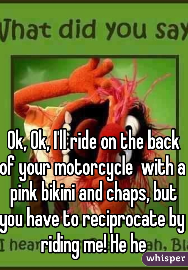 Ok, Ok, I'll ride on the back of your motorcycle  with a pink bikini and chaps, but you have to reciprocate by riding me! He he
