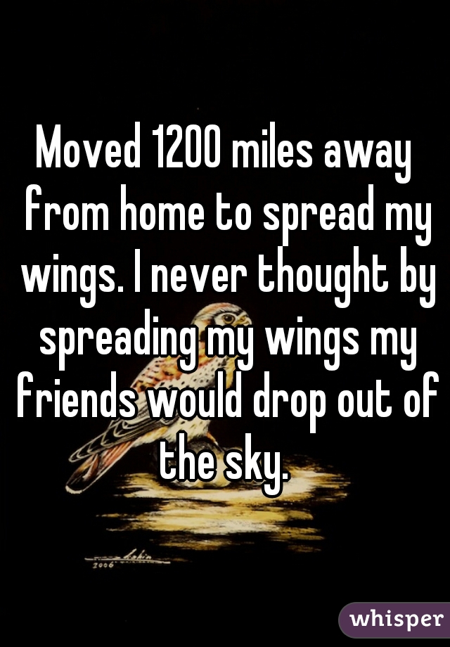 Moved 1200 miles away from home to spread my wings. I never thought by spreading my wings my friends would drop out of the sky. 