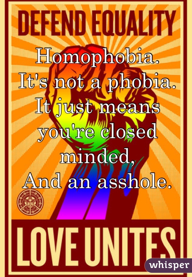 Homophobia. 
It's not a phobia. 
It just means you're closed minded,
And an asshole. 