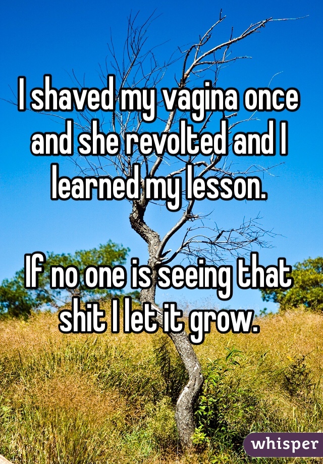 I shaved my vagina once and she revolted and I learned my lesson.

If no one is seeing that shit I let it grow. 