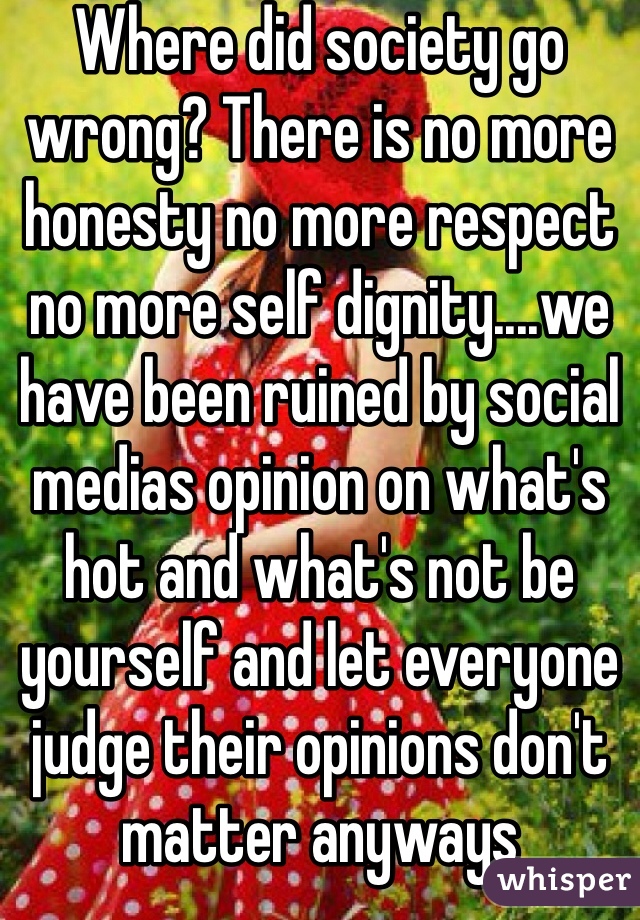 Where did society go wrong? There is no more honesty no more respect no more self dignity....we have been ruined by social medias opinion on what's hot and what's not be yourself and let everyone judge their opinions don't matter anyways