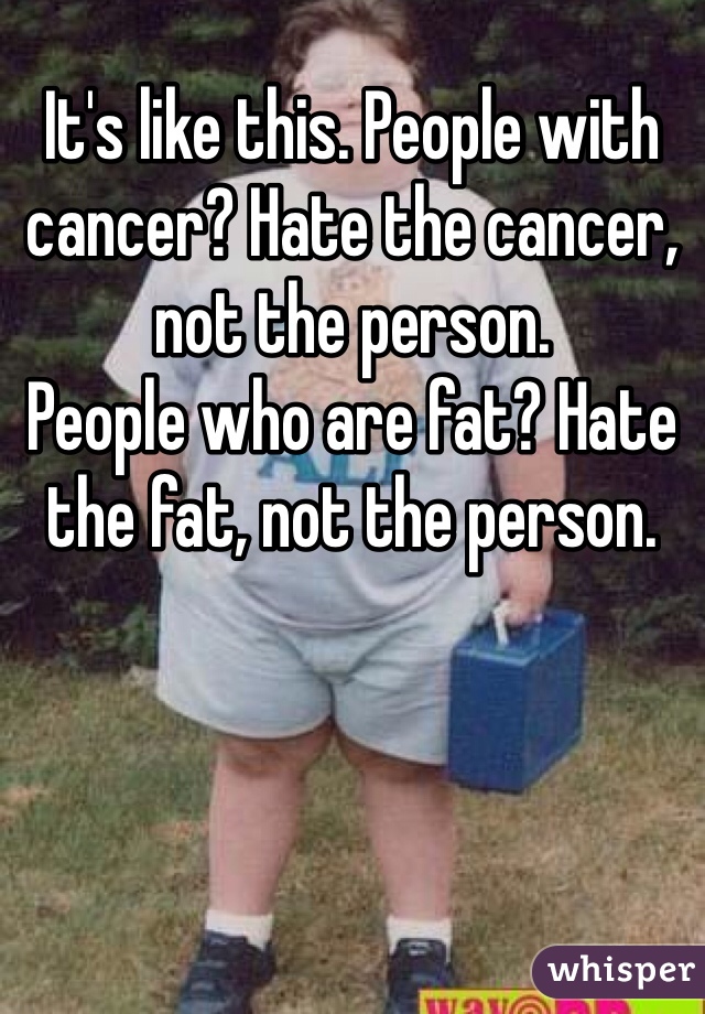 It's like this. People with cancer? Hate the cancer, not the person. 
People who are fat? Hate the fat, not the person. 