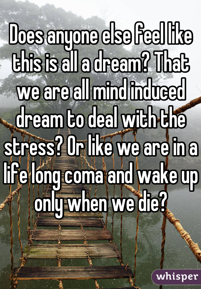 Does anyone else feel like this is all a dream? That we are all mind induced dream to deal with the stress? Or like we are in a life long coma and wake up only when we die?
