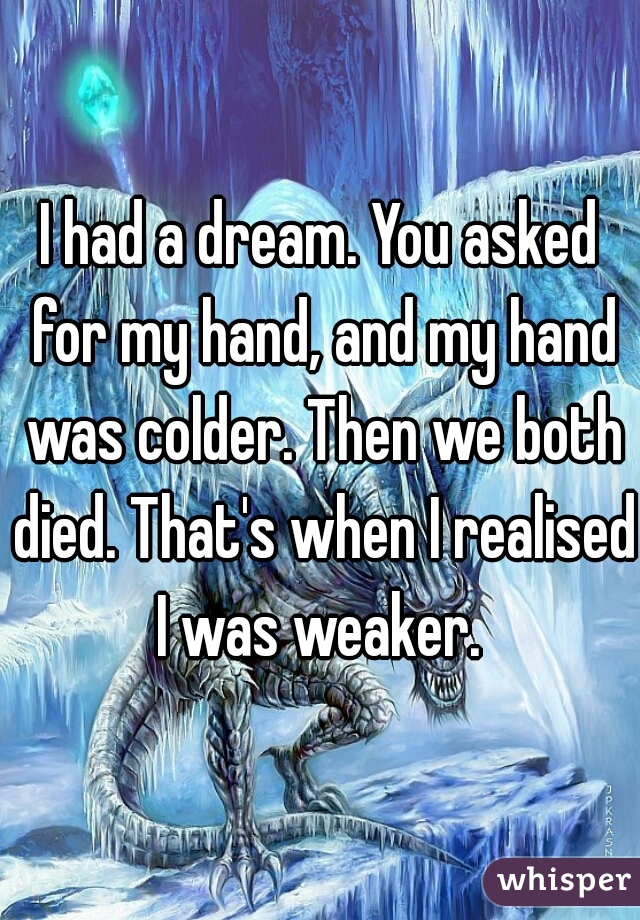 I had a dream. You asked for my hand, and my hand was colder. Then we both died. That's when I realised I was weaker. 




