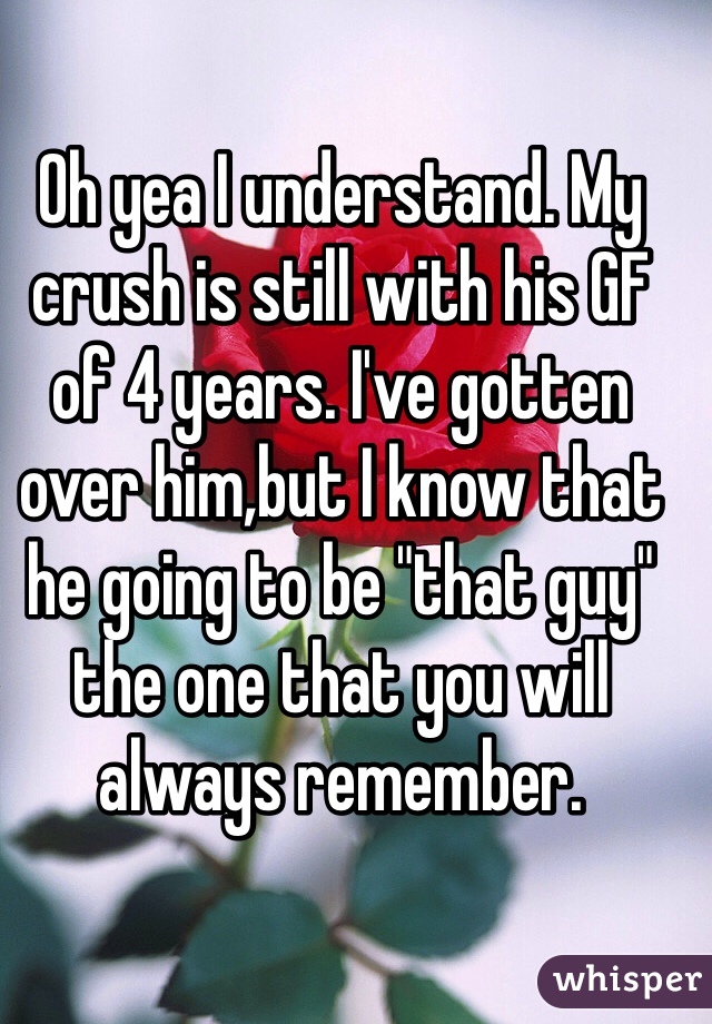 Oh yea I understand. My crush is still with his GF of 4 years. I've gotten over him,but I know that he going to be "that guy" the one that you will always remember.
