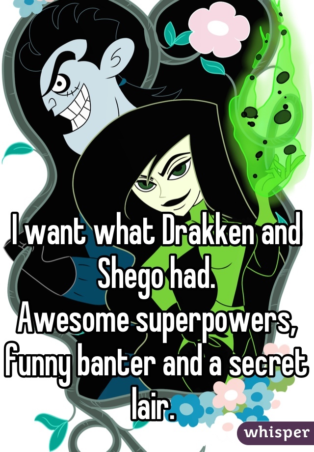 I want what Drakken and Shego had. 
Awesome superpowers, funny banter and a secret lair. 
