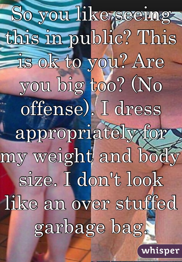 So you like seeing this in public? This is ok to you? Are you big too? (No offense). I dress appropriately for my weight and body size. I don't look like an over stuffed garbage bag.