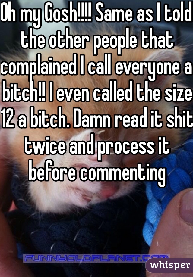 Oh my Gosh!!!! Same as I told the other people that complained I call everyone a bitch!! I even called the size 12 a bitch. Damn read it shit twice and process it before commenting   