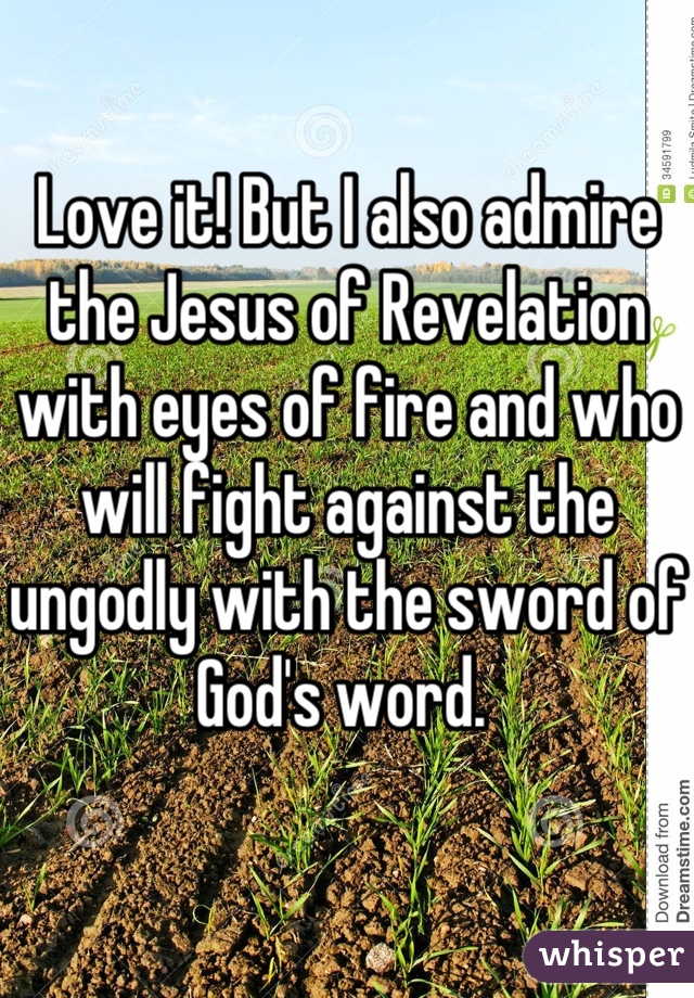 Love it! But I also admire the Jesus of Revelation with eyes of fire and who will fight against the ungodly with the sword of God's word. 