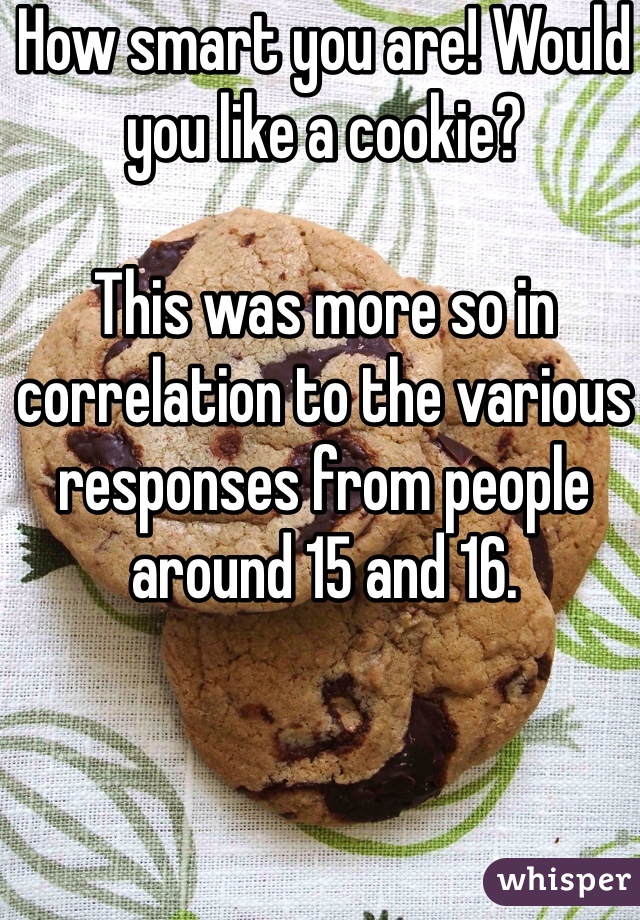 How smart you are! Would you like a cookie?

This was more so in correlation to the various responses from people around 15 and 16.