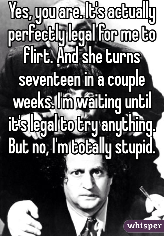 Yes, you are. It's actually perfectly legal for me to flirt. And she turns seventeen in a couple weeks. I'm waiting until it's legal to try anything. But no, I'm totally stupid.