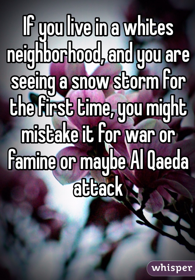 If you live in a whites neighborhood, and you are seeing a snow storm for the first time, you might mistake it for war or famine or maybe Al Qaeda attack 