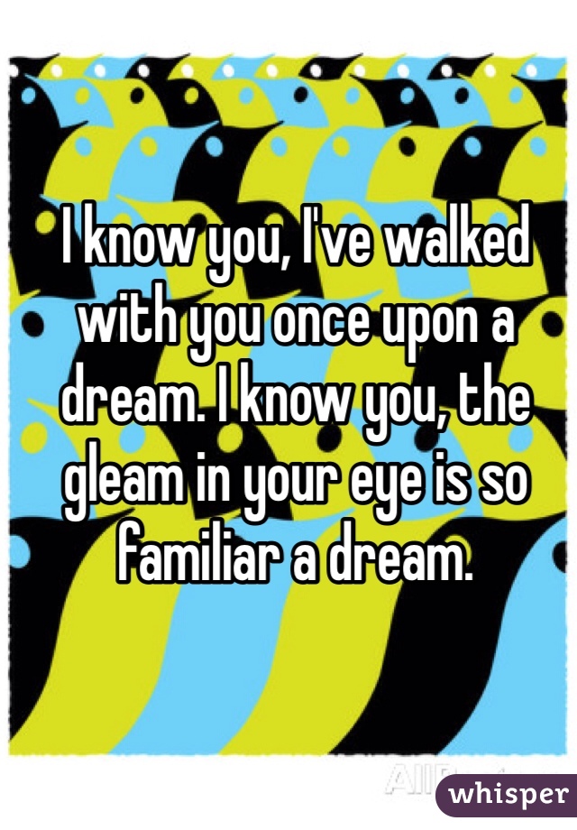 I know you, I've walked with you once upon a dream. I know you, the gleam in your eye is so familiar a dream. 