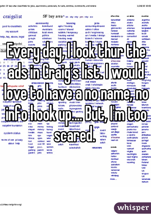 Every day, I look thur the ads in Craig's list. I would love to have a no name, no info hook up.... But, I'm too scared. 