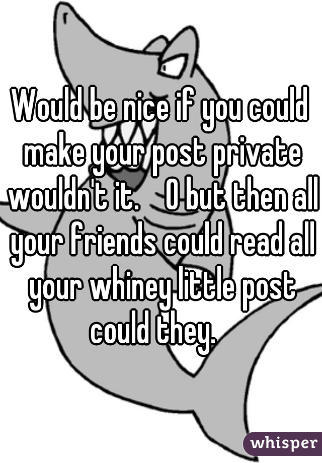 Would be nice if you could make your post private wouldn't it.    O but then all your friends could read all your whiney little post could they.   