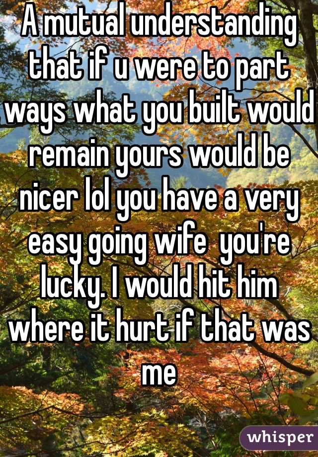 A mutual understanding that if u were to part ways what you built would remain yours would be nicer lol you have a very easy going wife  you're lucky. I would hit him where it hurt if that was me