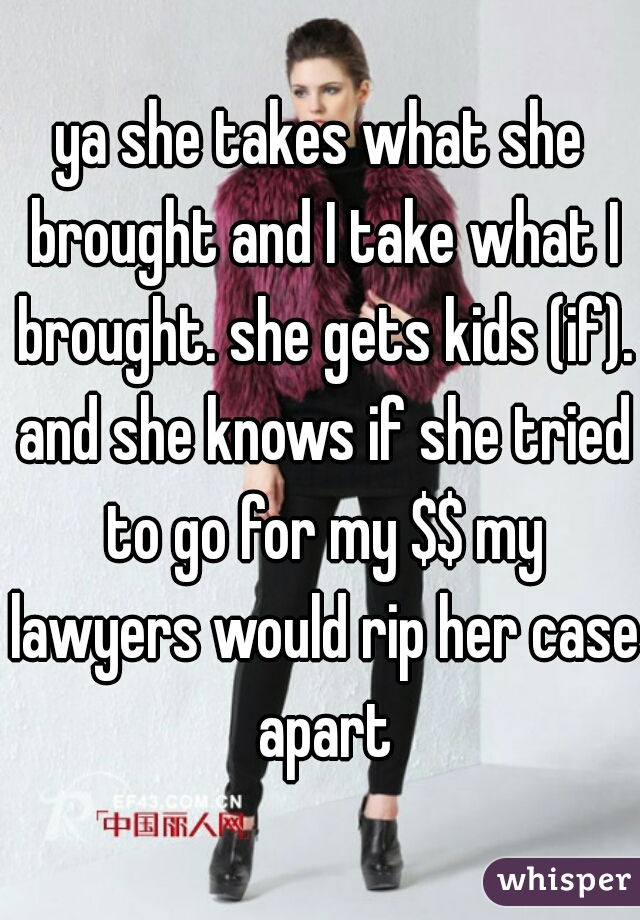 ya she takes what she brought and I take what I brought. she gets kids (if). and she knows if she tried to go for my $$ my lawyers would rip her case apart