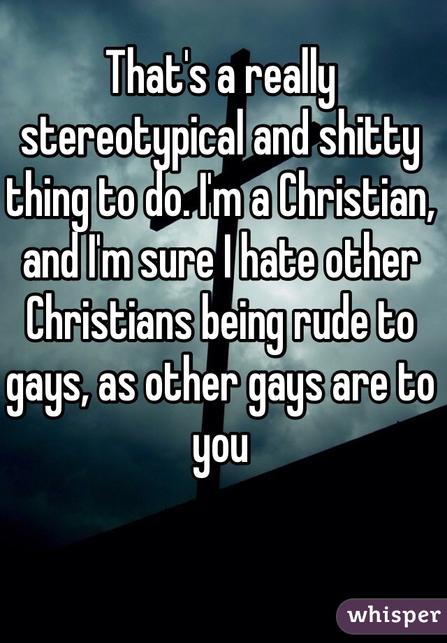 That's a really stereotypical and shitty thing to do. I'm a Christian, and I'm sure I hate other Christians being rude to gays, as other gays are to you