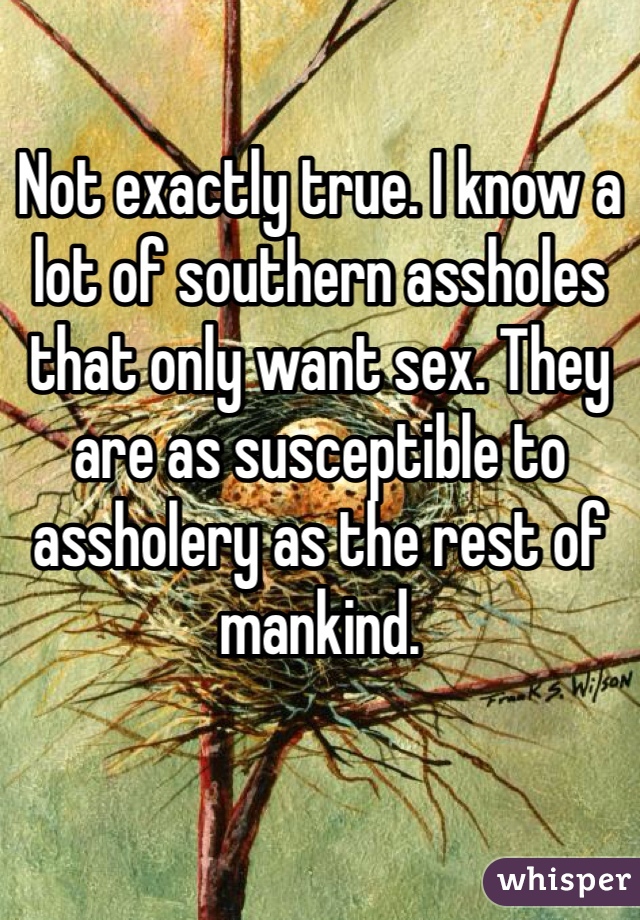 Not exactly true. I know a lot of southern assholes that only want sex. They are as susceptible to assholery as the rest of mankind. 