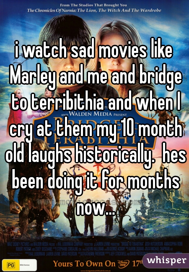 i watch sad movies like Marley and me and bridge to terribithia and when I cry at them my 10 month old laughs historically.  hes been doing it for months now...