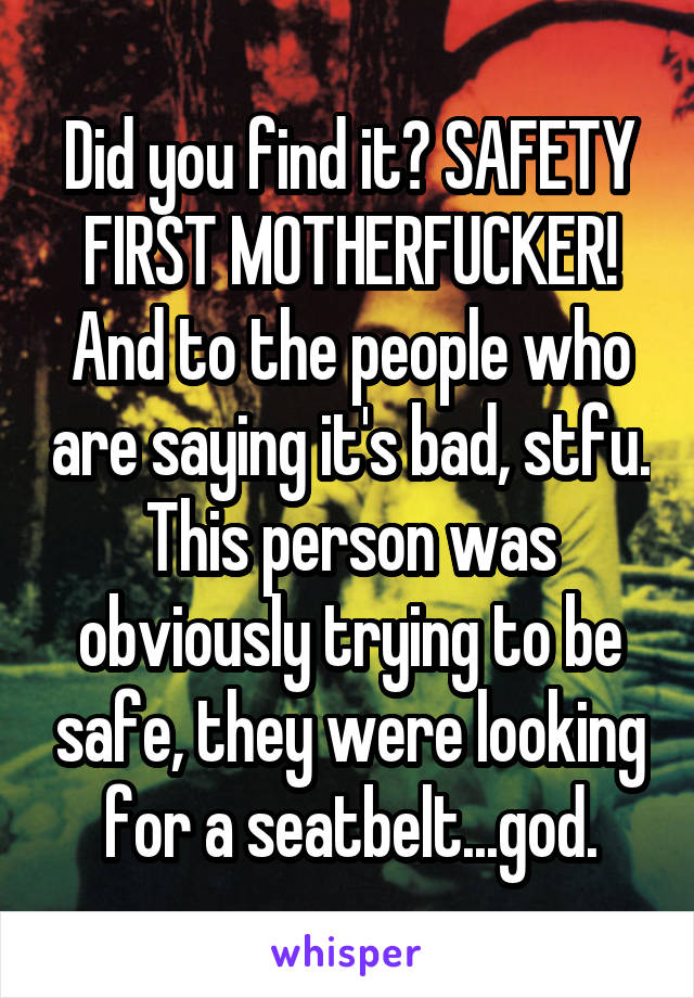 Did you find it? SAFETY FIRST MOTHERFUCKER! And to the people who are saying it's bad, stfu. This person was obviously trying to be safe, they were looking for a seatbelt...god.