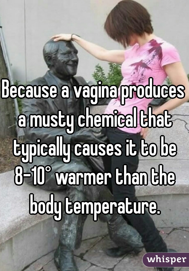 Because a vagina produces a musty chemical that typically causes it to be 8-10° warmer than the body temperature.