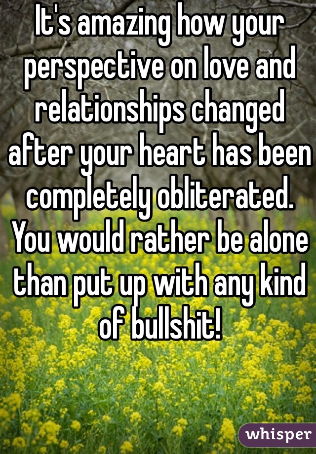 It's amazing how your perspective on love and relationships changed after your heart has been completely obliterated.  You would rather be alone than put up with any kind of bullshit!  
