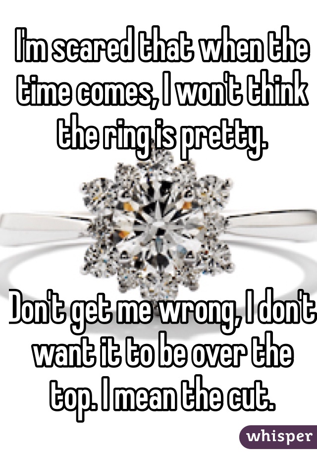 I'm scared that when the time comes, I won't think the ring is pretty.



Don't get me wrong, I don't want it to be over the top. I mean the cut.