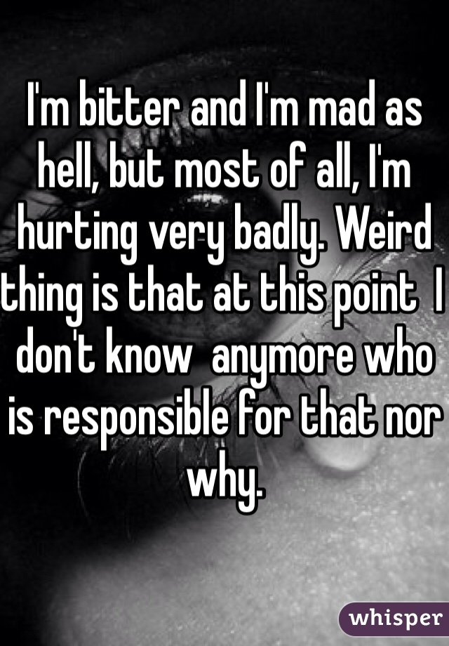 I'm bitter and I'm mad as hell, but most of all, I'm hurting very badly. Weird thing is that at this point  I don't know  anymore who is responsible for that nor why.